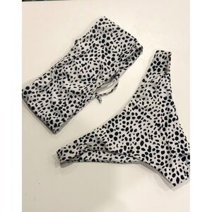 ZAFUL Dalmatian Print Lace Up Bandeau Bikini Set Black White Womens Size 6